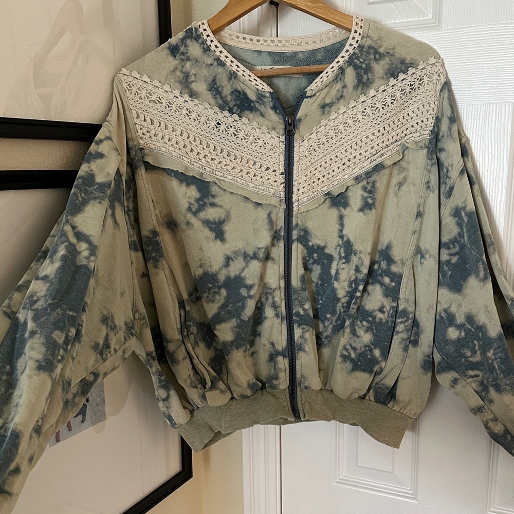 Free People Blue and Cream Bomber Jacket